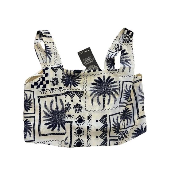 tropical boho Crop Top Women's L Monteau Linen Blue Palm Tree Print Elastic Back - Picture 4 of 5